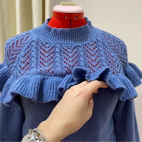 Ruffled Sweater, Blue, Crochet Top, Ruffles, Fitted, Women's (US S) - Picture 4 of 9